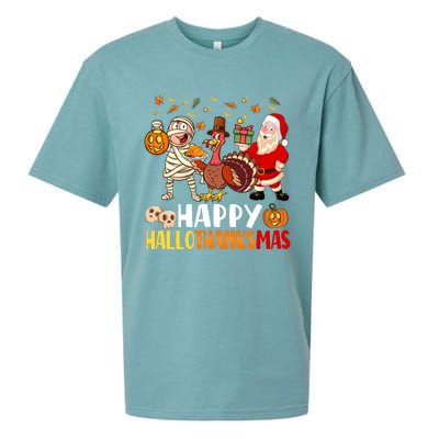 Happy Hallothanksmas Halloween Thanksgiving Christmas Day Funny Gift Sueded Cloud Jersey T-Shirt