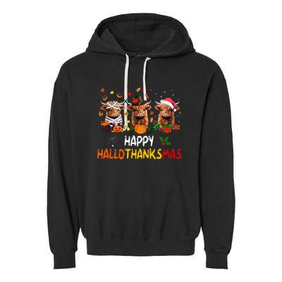 Happy Hallothanksmas Highland Cow Print Halloween Christmas Garment-Dyed Fleece Hoodie