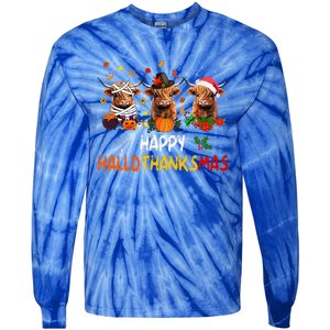 Happy Hallothanksmas Highland Cow Print Halloween Christmas Tie-Dye Long Sleeve Shirt