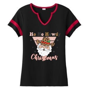 Ho Ho Howdy Pink Retro Christmas Cowboy Santa Holiday Ladies Halftime Notch Neck Tee