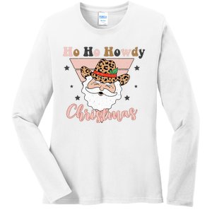 Ho Ho Howdy Pink Retro Christmas Cowboy Santa Holiday Ladies Long Sleeve Shirt