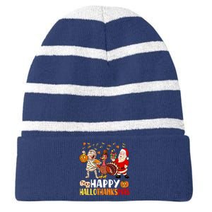 Happy Hallothanksmas Halloween Thanksgiving Christmas Day Striped Beanie with Solid Band