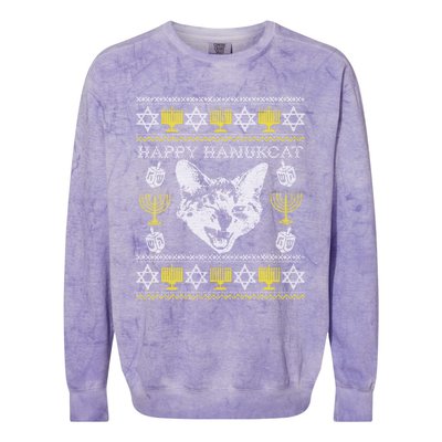 Happy Hanukcat Hannukah Jewish Cat Ugly Christmas Sweater Gift Colorblast Crewneck Sweatshirt