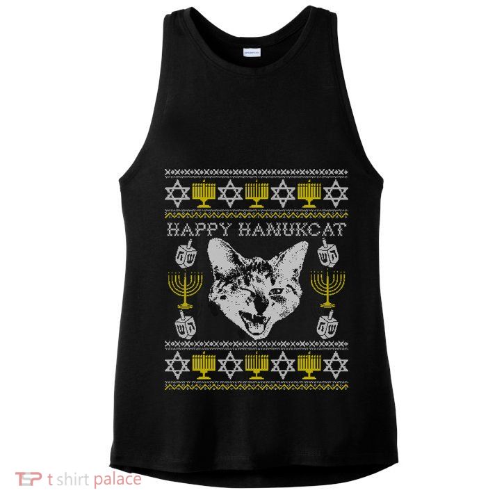 Happy Hanukcat Hannukah Jewish Cat Ugly Christmas Sweater Gift Ladies PosiCharge Tri-Blend Wicking Tank