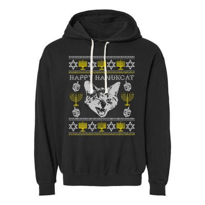 Happy Hanukcat Hannukah Jewish Cat Ugly Christmas Sweater Gift Garment-Dyed Fleece Hoodie