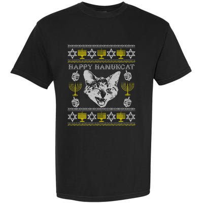 Happy Hanukcat Hannukah Jewish Cat Ugly Christmas Sweater Gift Garment-Dyed Heavyweight T-Shirt