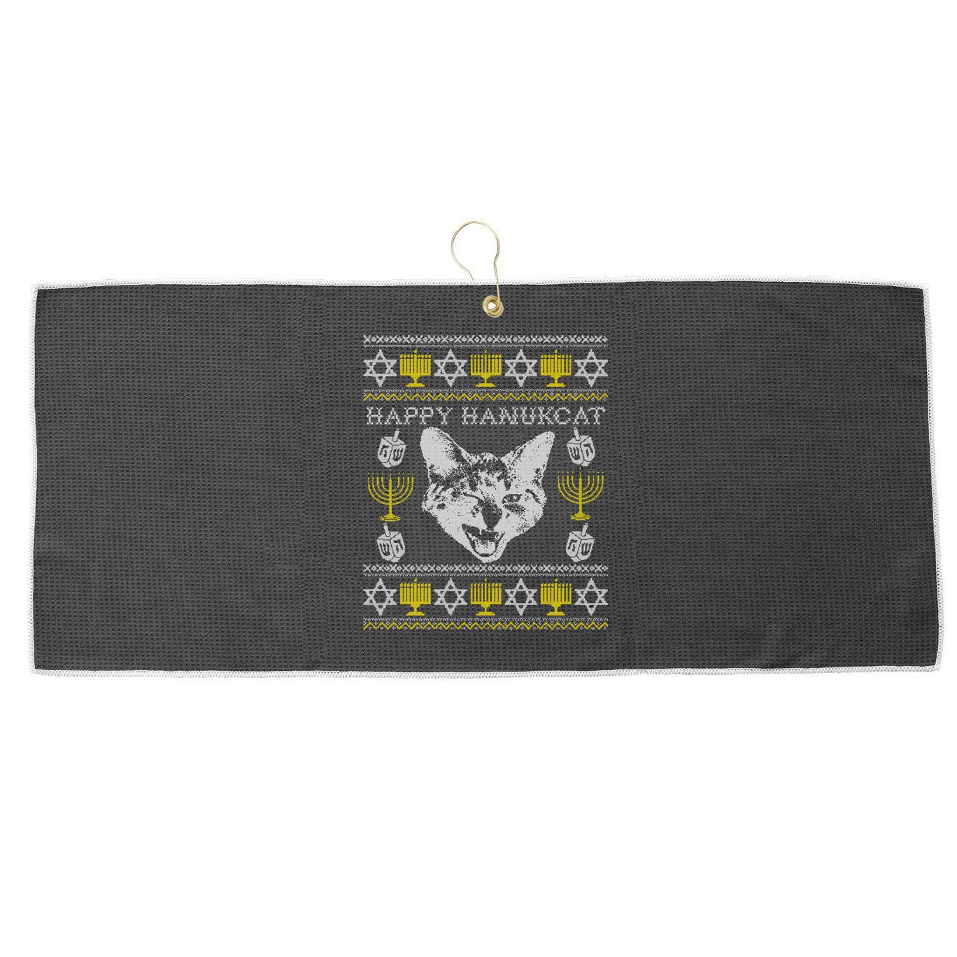 Happy Hanukcat Hannukah Jewish Cat Ugly Christmas Sweater Gift Large Microfiber Waffle Golf Towel