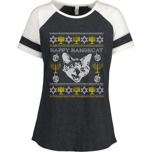 Happy Hanukcat Hannukah Jewish Cat Ugly Christmas Sweater Gift Enza Ladies Jersey Colorblock Tee