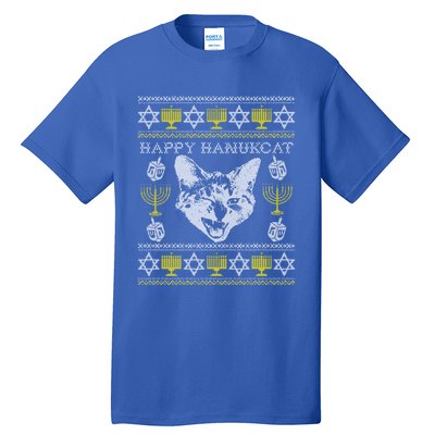 Happy Hanukcat Hannukah Jewish Cat Ugly Christmas Sweater Gift Tall T-Shirt