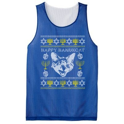 Happy Hanukcat Hannukah Jewish Cat Ugly Christmas Sweater Gift Mesh Reversible Basketball Jersey Tank