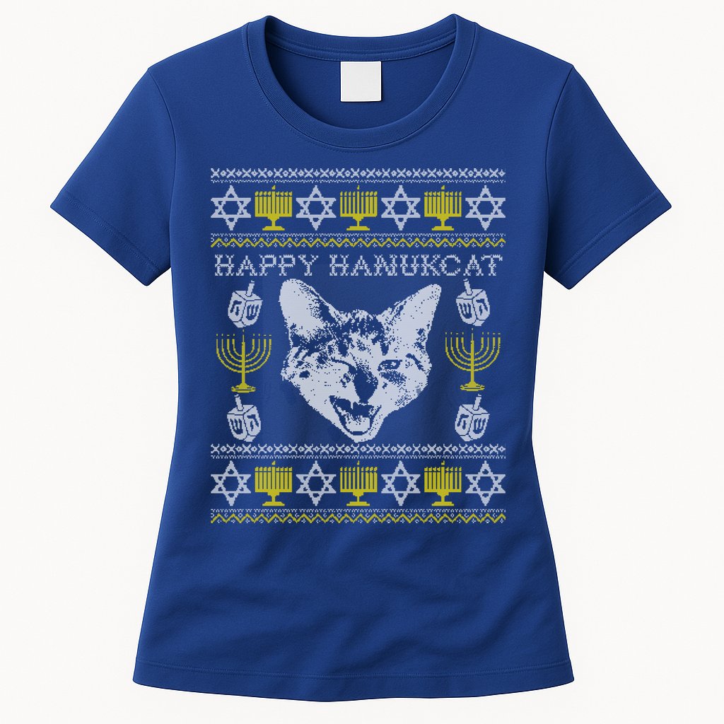 Happy Hanukcat Hannukah Jewish Cat Ugly Christmas Sweater Gift Womens T-Shirt