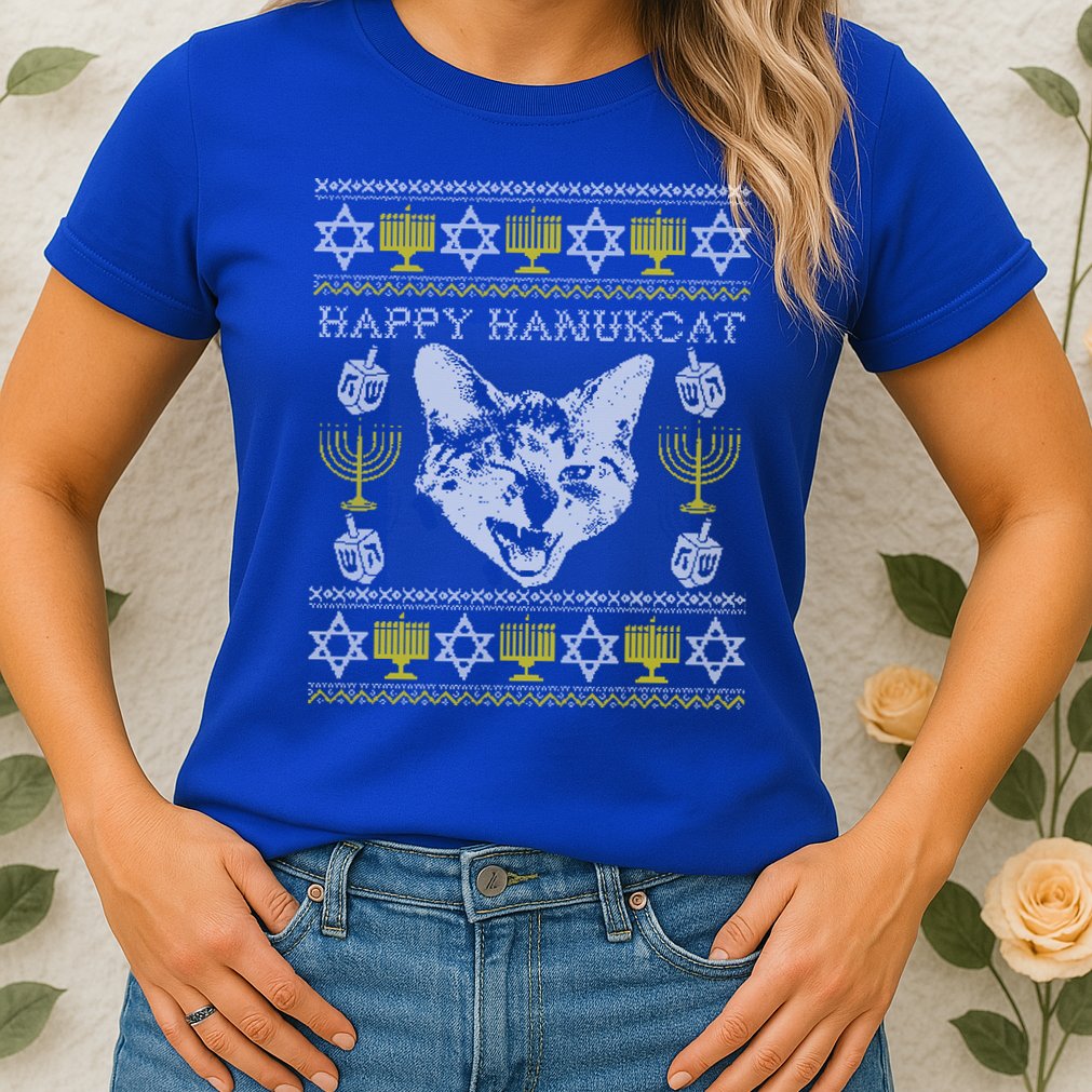 Happy Hanukcat Hannukah Jewish Cat Ugly Christmas Sweater Gift Womens T-Shirt
