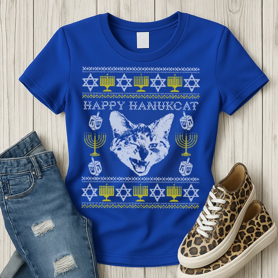 Happy Hanukcat Hannukah Jewish Cat Ugly Christmas Sweater Gift Womens T-Shirt