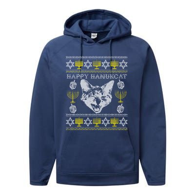 Happy Hanukcat Hannukah Jewish Cat Ugly Christmas Sweater Gift Performance Fleece Hoodie