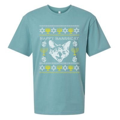 Happy Hanukcat Hannukah Jewish Cat Ugly Christmas Sweater Gift Sueded Cloud Jersey T-Shirt