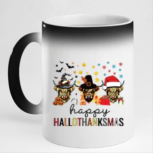 Happy Hallothanksmas Highland Cow Halloween Christmas 11oz Black Color Changing Mug