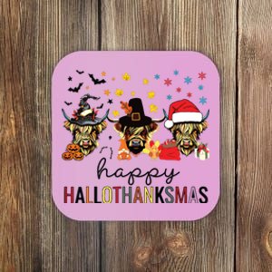 Happy Hallothanksmas Highland Cow Halloween Christmas Coaster