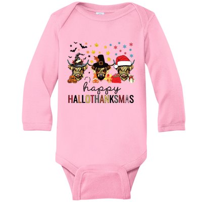 Happy Hallothanksmas Highland Cow Halloween Christmas Baby Long Sleeve Bodysuit