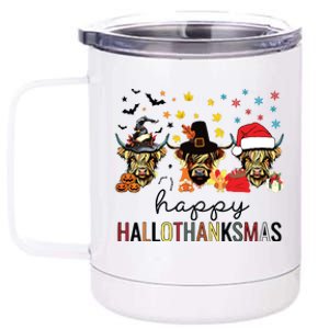 Happy Hallothanksmas Highland Cow Halloween Christmas 12 oz Stainless Steel Tumbler Cup