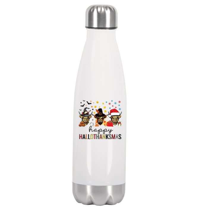 Happy Hallothanksmas Highland Cow Halloween Christmas Stainless Steel Insulated Water Bottle