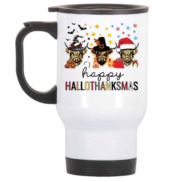 Happy Hallothanksmas Highland Cow Halloween Christmas Stainless Steel Travel Mug