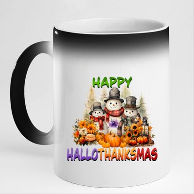 Happy Hallothanksmas Holidays Design Gift 11oz Black Color Changing Mug