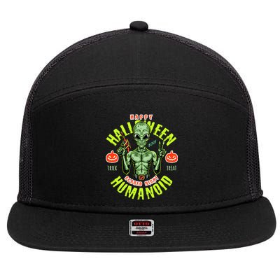 Happy Halloween Humanoid Alien Trick Or Treat 7 Panel Mesh Trucker Snapback Hat