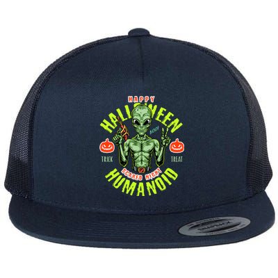 Happy Halloween Humanoid Alien Trick Or Treat Flat Bill Trucker Hat