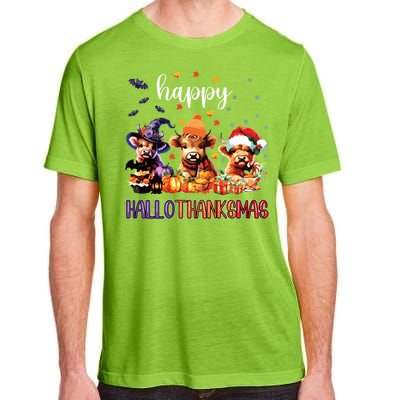 Happy Hallothanksmas Highland Cow Halloween Merry Christmas Long Sleeve Adult ChromaSoft Performance T-Shirt