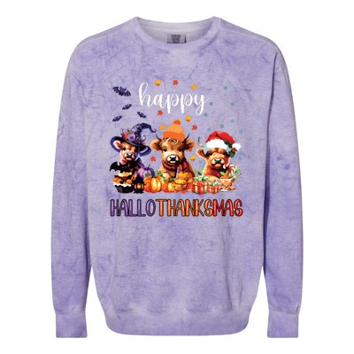 Happy Hallothanksmas Highland Cow Halloween Merry Christmas Long Sleeve Colorblast Crewneck Sweatshirt