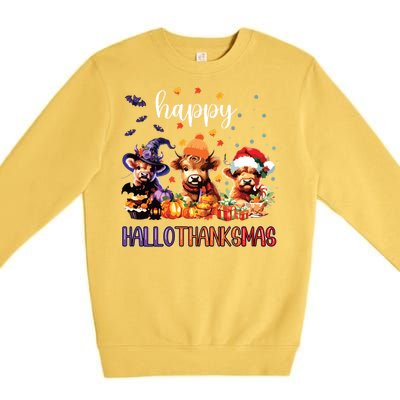 Happy Hallothanksmas Highland Cow Halloween Merry Christmas Long Sleeve Premium Crewneck Sweatshirt