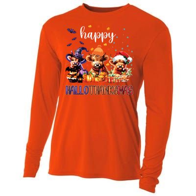 Happy Hallothanksmas Highland Cow Halloween Merry Christmas Long Sleeve Cooling Performance Long Sleeve Crew