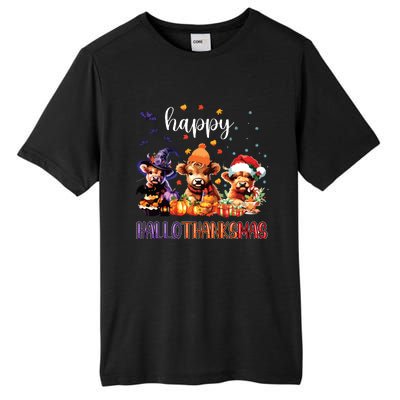 Happy Hallothanksmas Highland Cow Halloween Merry Christmas Long Sleeve Tall Fusion ChromaSoft Performance T-Shirt