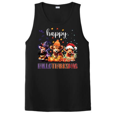 Happy Hallothanksmas Highland Cow Halloween Merry Christmas Long Sleeve PosiCharge Competitor Tank