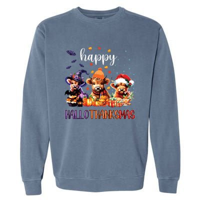 Happy Hallothanksmas Highland Cow Halloween Merry Christmas Long Sleeve Garment-Dyed Sweatshirt