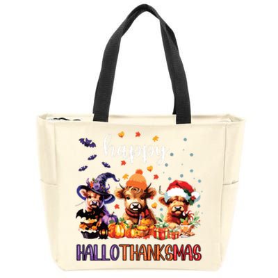 Happy Hallothanksmas Highland Cow Halloween Merry Christmas Long Sleeve Zip Tote Bag