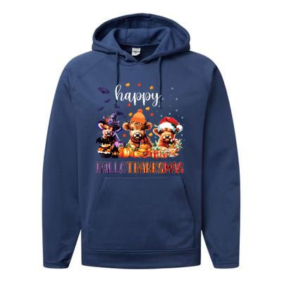 Happy Hallothanksmas Highland Cow Halloween Merry Christmas Long Sleeve Performance Fleece Hoodie