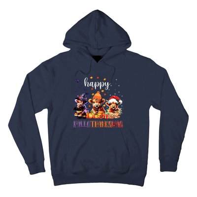 Happy Hallothanksmas Highland Cow Halloween Merry Christmas Long Sleeve Hoodie