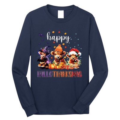 Happy Hallothanksmas Highland Cow Halloween Merry Christmas Long Sleeve Long Sleeve Shirt