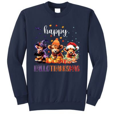 Happy Hallothanksmas Highland Cow Halloween Merry Christmas Long Sleeve Sweatshirt