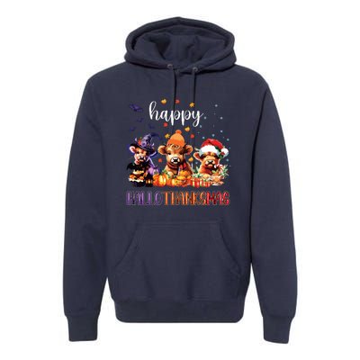 Happy Hallothanksmas Highland Cow Halloween Merry Christmas Long Sleeve Premium Hoodie