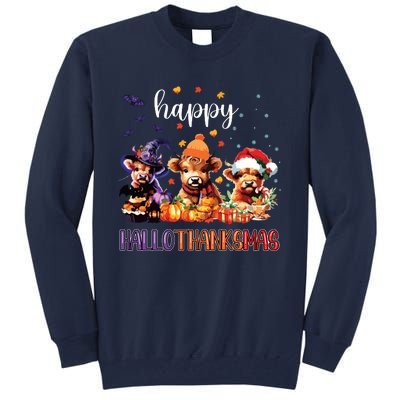 Happy Hallothanksmas Highland Cow Halloween Merry Christmas Long Sleeve Tall Sweatshirt