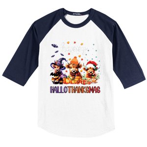 Happy Hallothanksmas Highland Cow Halloween Merry Christmas Long Sleeve Baseball Sleeve Shirt