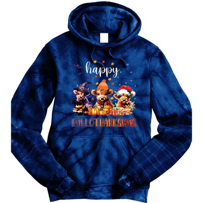 Happy Hallothanksmas Highland Cow Halloween Merry Christmas Long Sleeve Tie Dye Hoodie