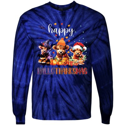 Happy Hallothanksmas Highland Cow Halloween Merry Christmas Long Sleeve Tie-Dye Long Sleeve Shirt