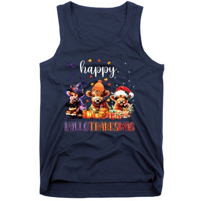 Happy Hallothanksmas Highland Cow Halloween Merry Christmas Long Sleeve Tank Top