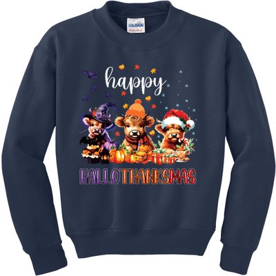 Happy Hallothanksmas Highland Cow Halloween Merry Christmas Long Sleeve Kids Sweatshirt