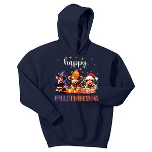 Happy Hallothanksmas Highland Cow Halloween Merry Christmas Long Sleeve Kids Hoodie