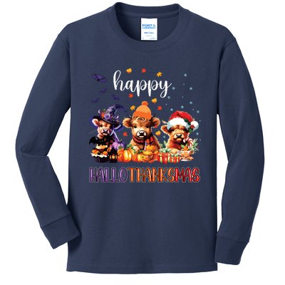 Happy Hallothanksmas Highland Cow Halloween Merry Christmas Long Sleeve Kids Long Sleeve Shirt