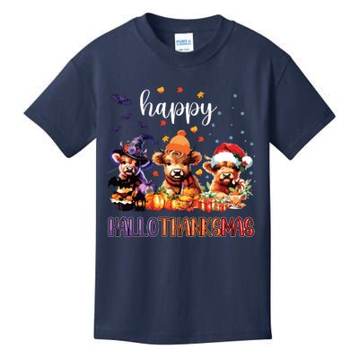 Happy Hallothanksmas Highland Cow Halloween Merry Christmas Long Sleeve Kids T-Shirt